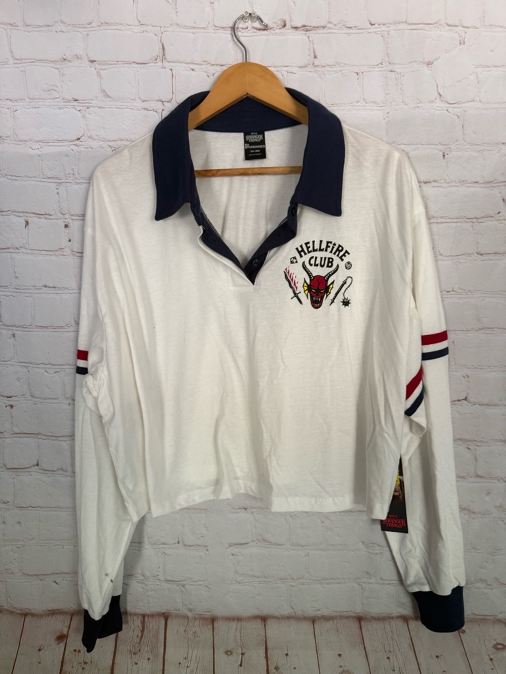 Hellfire Club Cropped Long Sleeve Rugby Polo White/Navy Womens Size XXL (20)